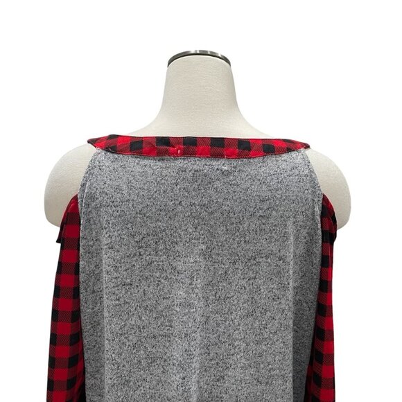 Christmas Top 1X Plaid Sleeves Cold Shoulder Candy Cane Festive Holiday Winter - Picture 6 of 9